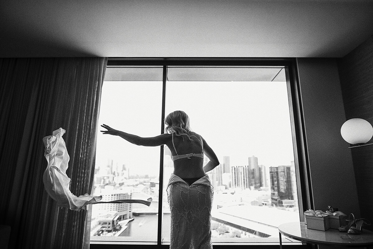 A bride laughing