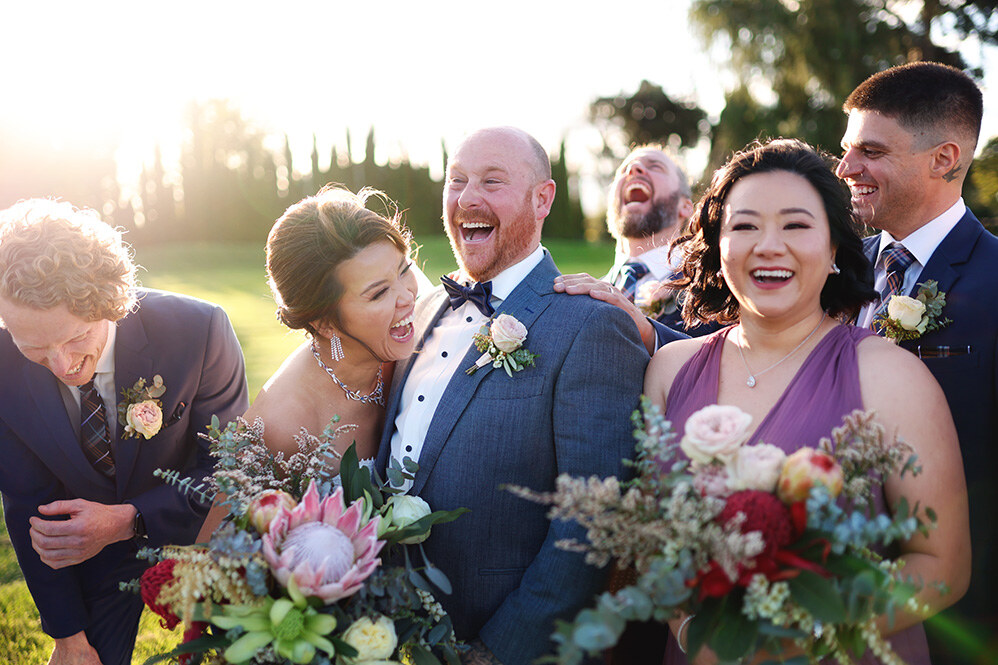 A bride and groom embracing