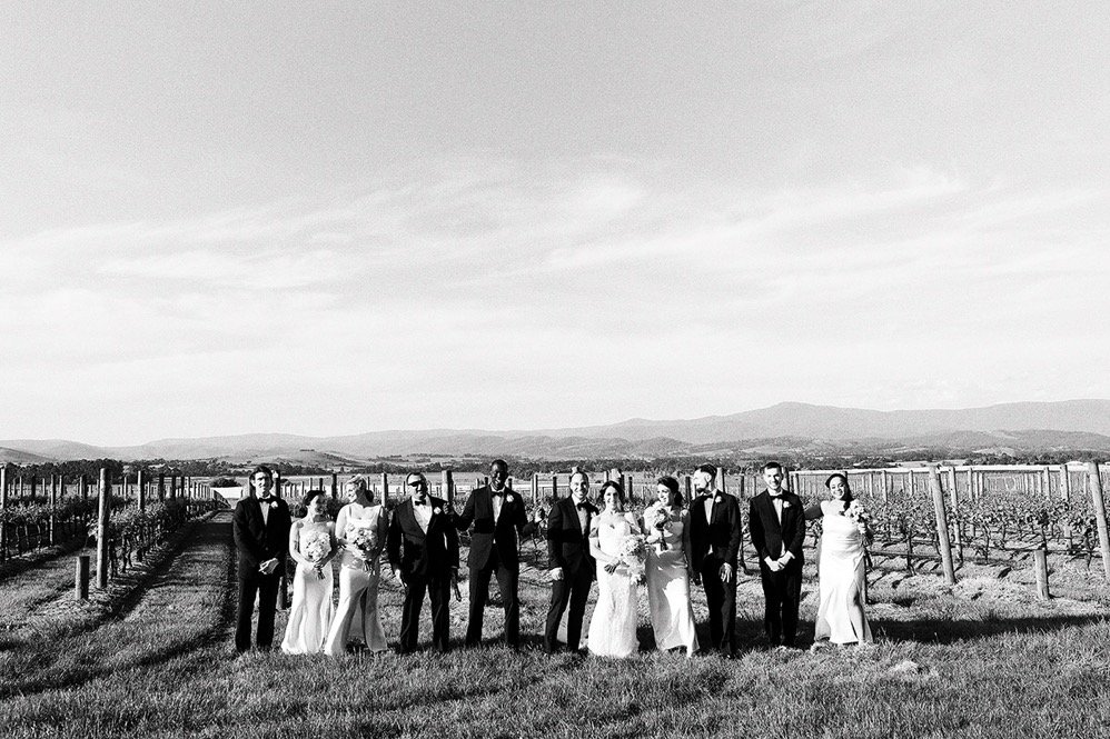 Black and white photo of a wedding party standing outdoors in a vineyard, with mountains in the background and cloudy sky.