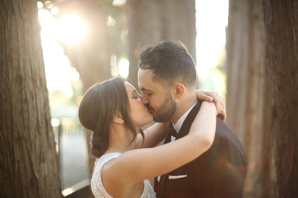 A couple in wedding attire sharing a kiss outdoors between two trees, with sunlight shining in the background.