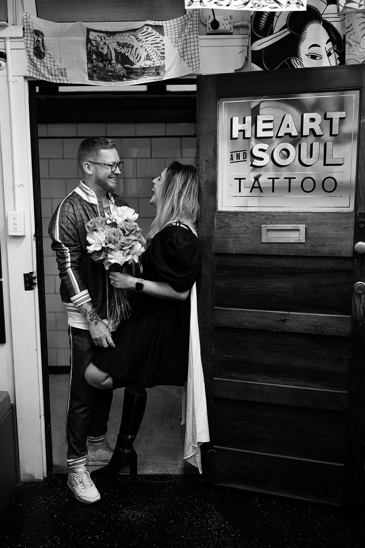 A moment from Tamara & Dave's wedding story at Heart & Soul Tattoo Parlour, story image 5